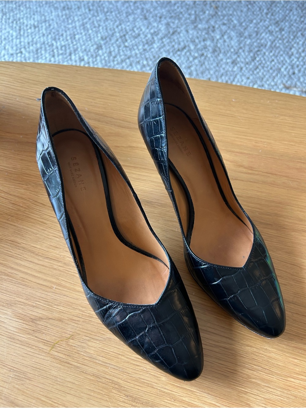 Sezane Black Croc-Embossed Pointed Toe Pumps
